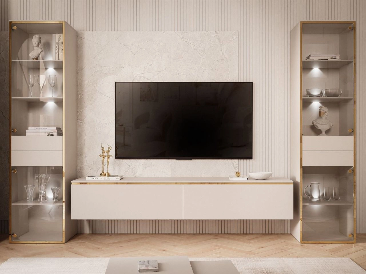 Zestaw mebli do salonu z dwiema witrynami i oświetleniem LED w stylu glamour Evare Kaszmir