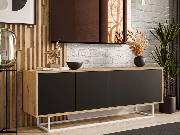 Szafka RTV pod telewizor z drzwiczkami i białym stelażem Vivance Czarny i dąb artisan