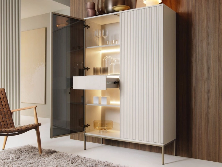 Witryna stojąca do salonu z oświetleniem LED wysoka Deo Kaszmirowa