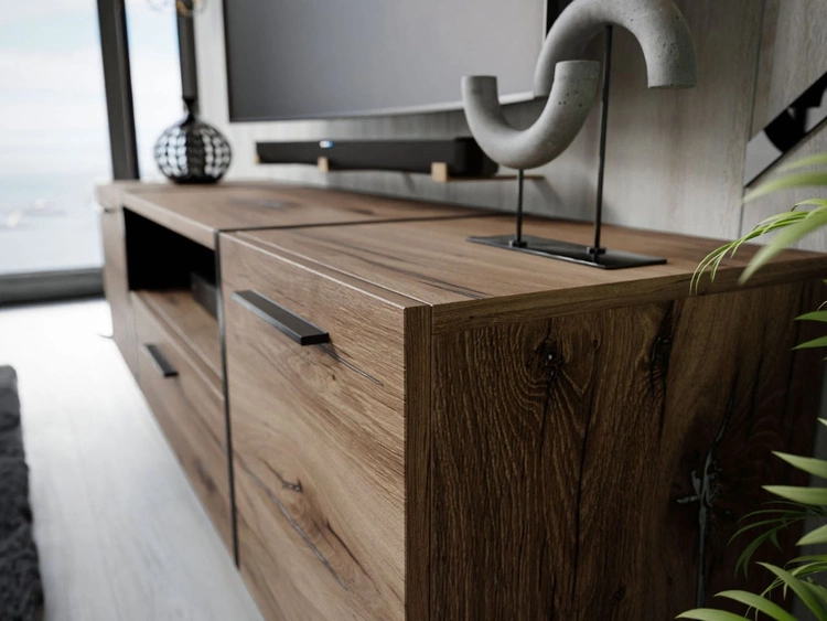 Szafka RTV w stylu loft z szafkami i szufladą Lunelie dąb Flagstaff