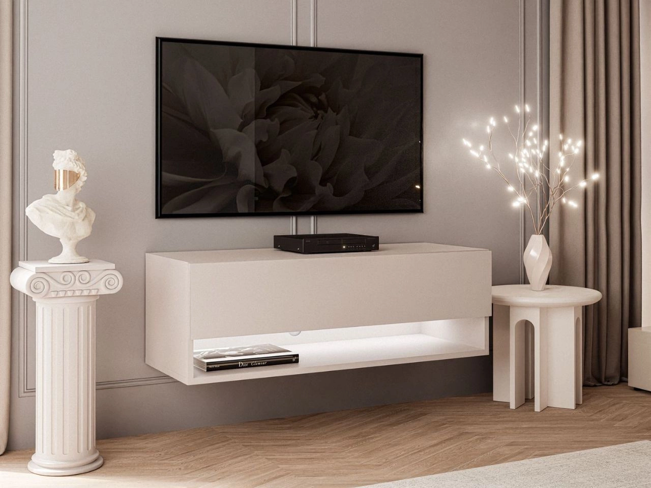 Szafka RTV wisząca 90 cm do salonu z oświetleniem LED Aurelie Kaszmir mat