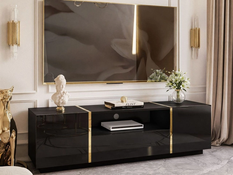 Szafka RTV w stylu glamour dwudrzwiowa z szufladą Lunelie czarny połysk