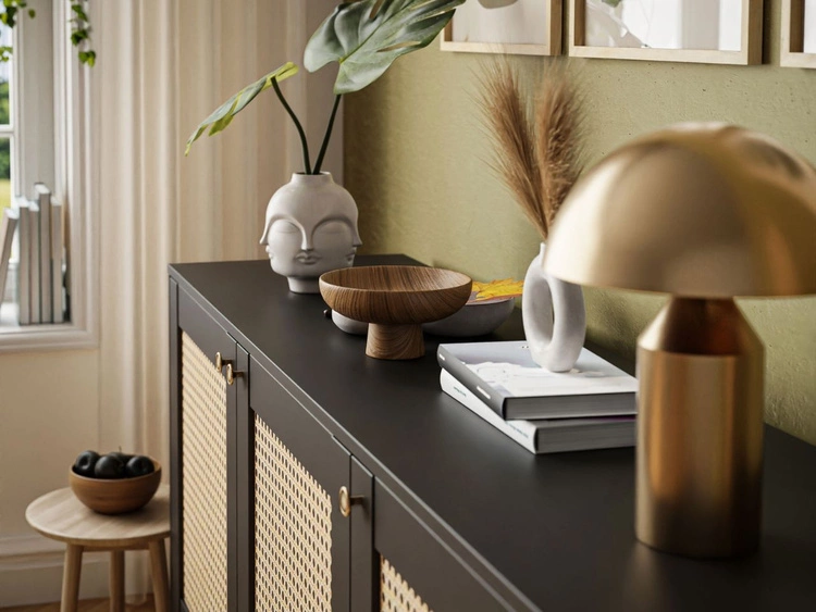 Komoda boho trzydrzwiowa z nadrukiem plecionki Bellance czarna