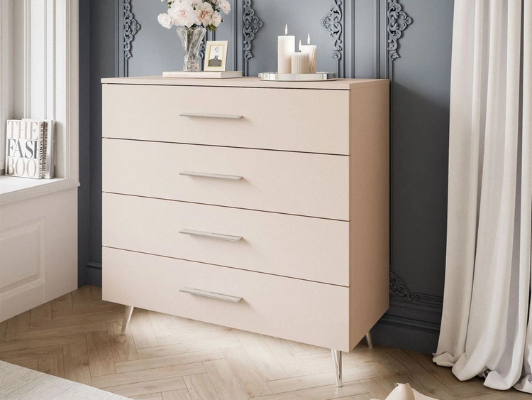 Komoda z szufladami i oświetleniem LED na srebrnych nogach Nuveo Kaszmir