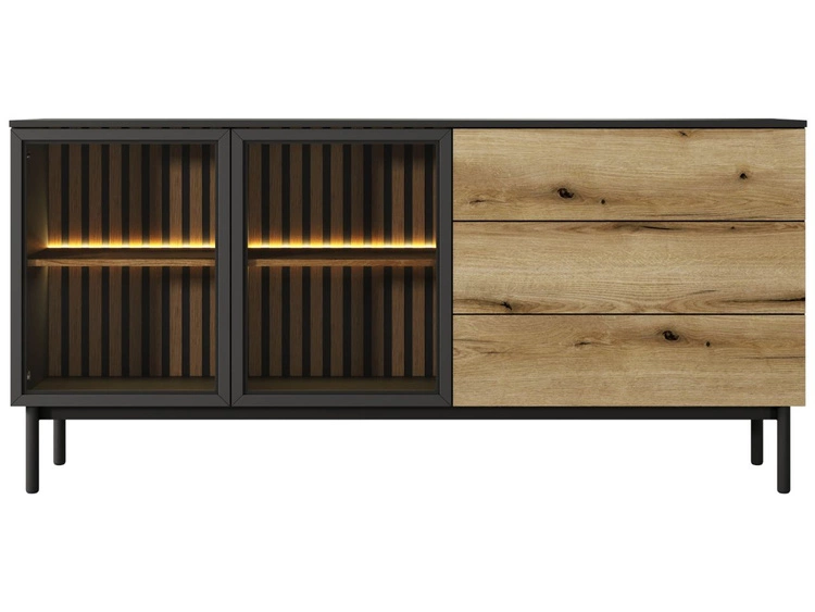 Komoda z drzwiami i szufladami 180 cm Loara Czarna, Dąb Evoke