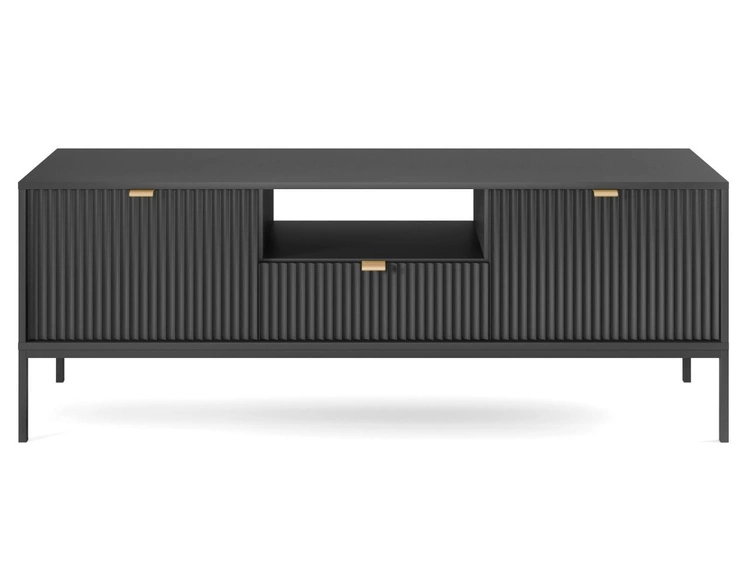 Szafka pod telewizor z szufladami i drzwiczkami Amber czarna na czarnych nogach