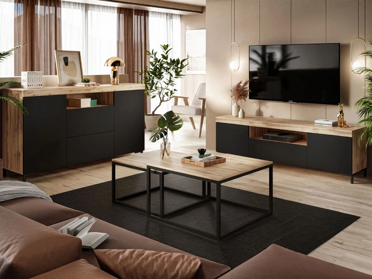 Dwudrzwiowa komoda 164 cm w stylu loft Asumi czarny mat i dąb wotan