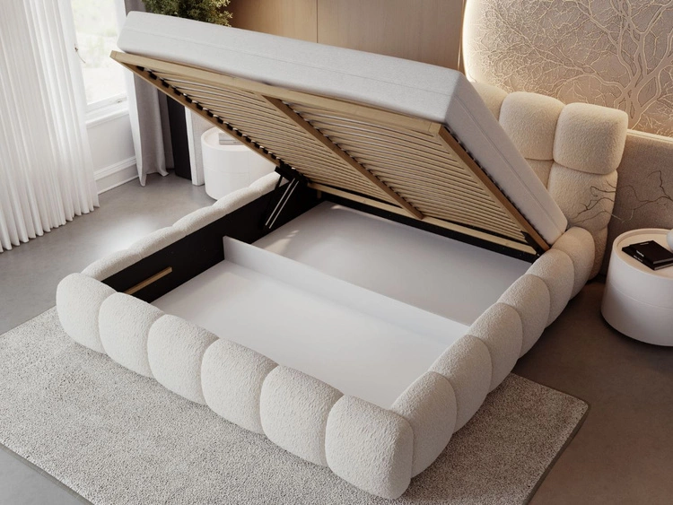 Łóżko tapicerowane z pojemnikiem na pościel i stelażem 180x200 Modo w tkaninie bouclé Beżowe