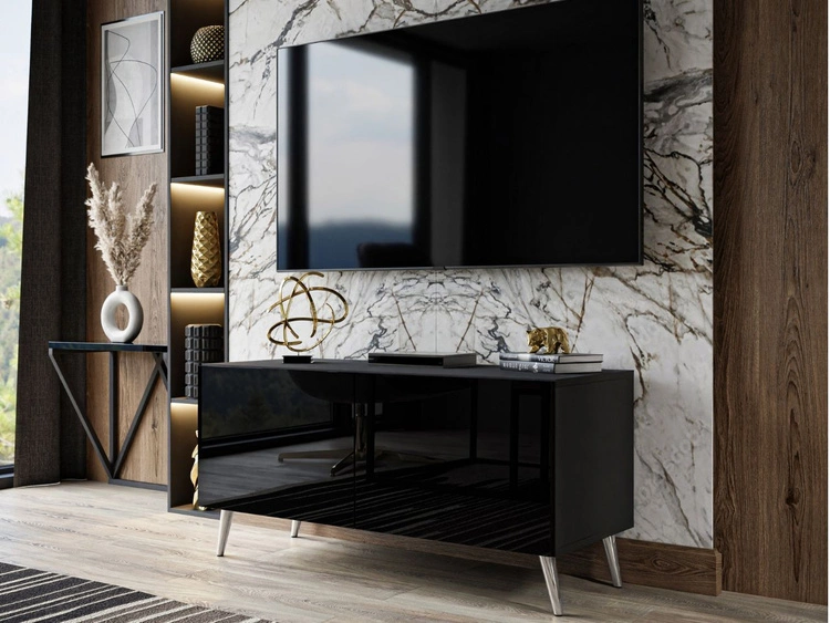 Szafka RTV pod telewizor z drzwiczkami i oświetleniem LED na srebrnych nóżkach 100 cm Noaé Czarny połysk