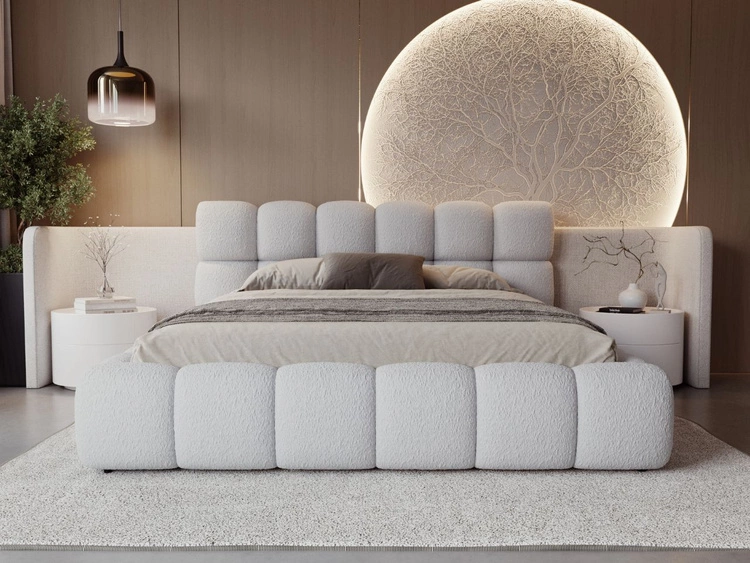 Łóżko tapicerowane z pojemnikiem na pościel i stelażem 120x200 Modo w tkaninie bouclé Szare