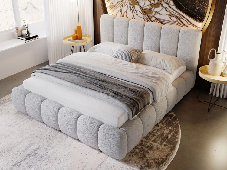Łóżko tapicerowane bez pojemnika ze stelażem 140x200 Cloud w tkaninie bouclé Jasnoszare