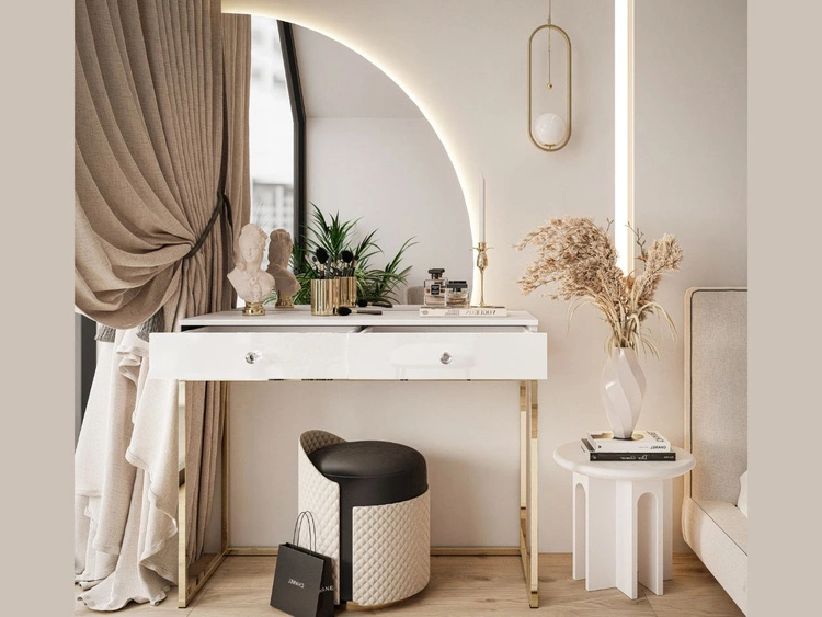 Toaletka kosmetyczna prawostronna z szufladami i oświetleniem LED na złotych nogach Clarette Biały połysk