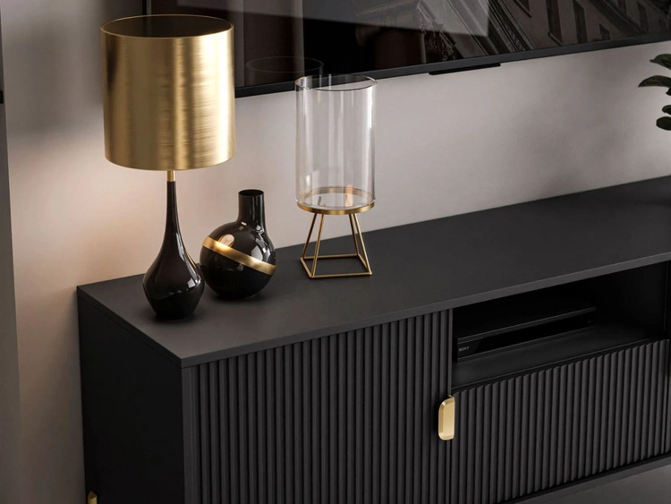 Szafka RTV dwudrzwiowa na złotych nogach z szufladą Orlean czarny mat