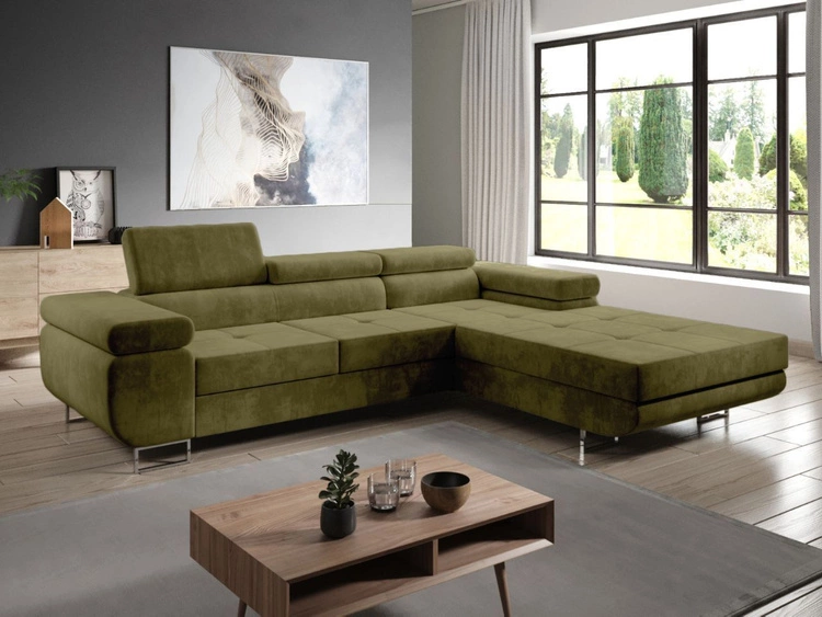 Narożnik L prawy z funkcją spania i pojemnikiem Solam Ciemny zielony