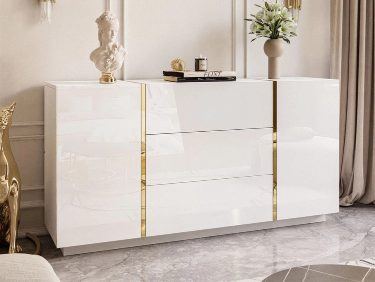 Dwudrzwiowa komoda 158 cm z trzema szufladami Lunelie biały połysk