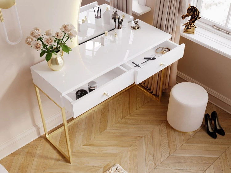 Toaletka z szufladami Belleza Biały połysk Złoty stelaż