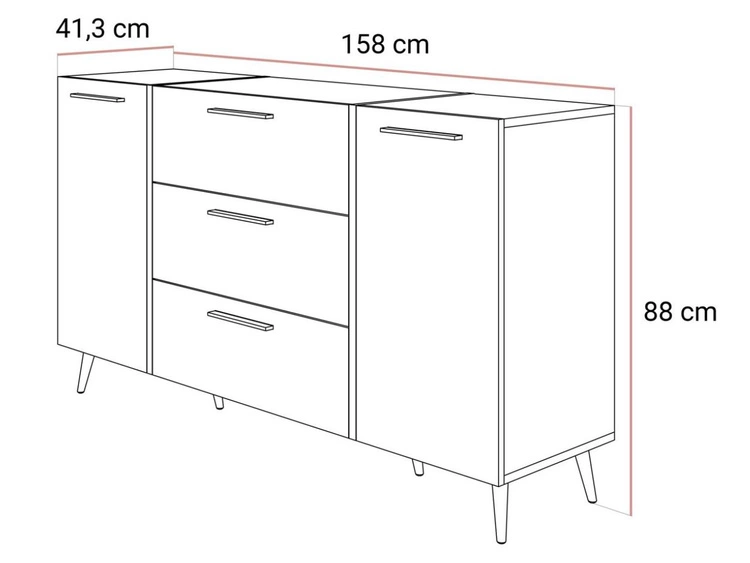 Dwudrzwiowa komoda 158 cm z trzema szufladami i złotymi uchwytami Lunelie kaszmir połysk
