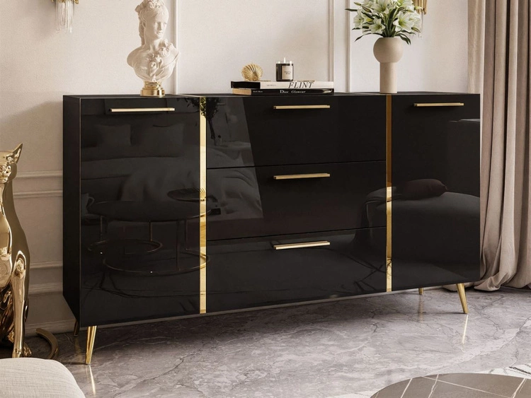 Zestaw mebli do salonu w stylu glamour na nóżkach Lunelie Czarny połysk