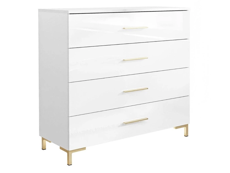 Komoda z czterema szufladami i oświetleniem LED na złotych nóżkach Nuveo Biały połysk