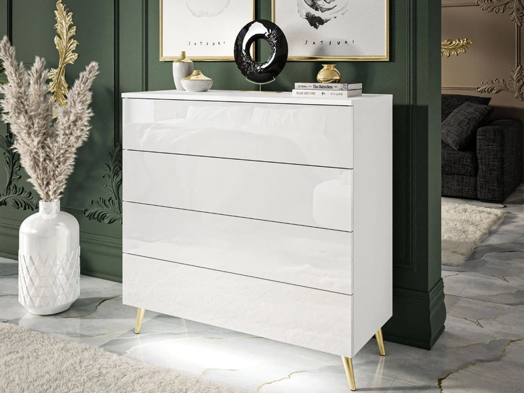 Komoda z czterema szufladami i oświetleniem LED na złotych nóżkach Nuveo Biały połysk