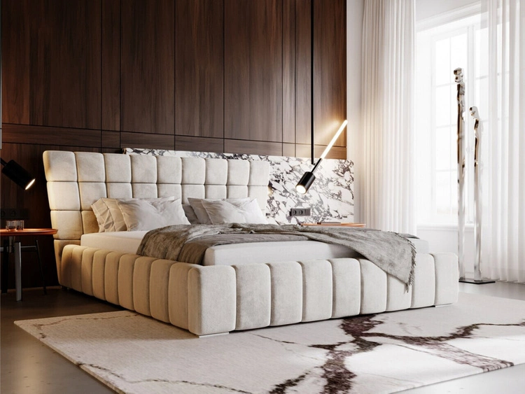 Łóżko tapicerowane z pojemnikiem i stelażem 140x200 cm Paris Beżowy