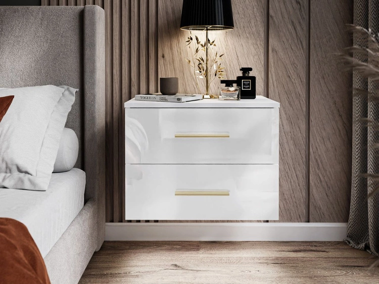 Podwieszany stolik nocny z dwoma szufladami Nuveo Biały połysk