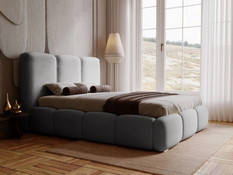 Łóżko tapicerowane z pojemnikiem i stelażem 160x200 cm Bubble Szare