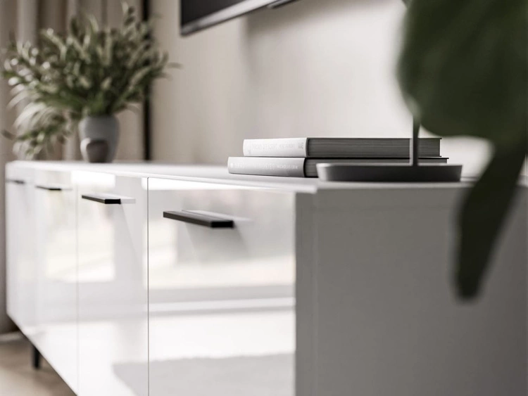 Meblościanka do salonu z oświeleniem LED na czarnych nogach Noaé Biały połysk